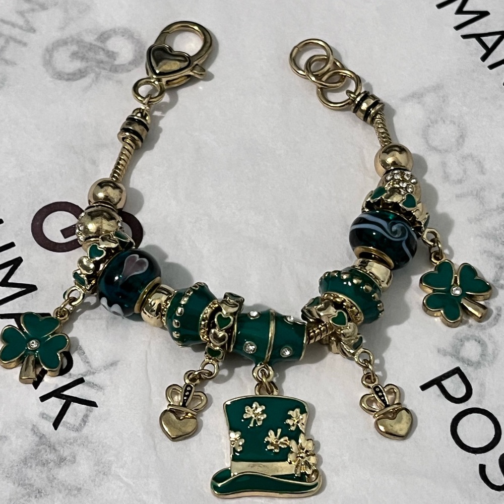 St.Patrick’s Day Lucky Pre-Loved Green Enamel; Glass Shamrock Charm Bracelet